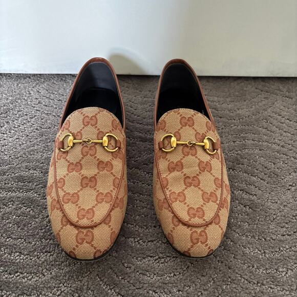 Gucci Jordaan GG Monogram Canvas Horsebit Loafers Beige Brown Flats Size EU 36.5 - Picture 2 of 16